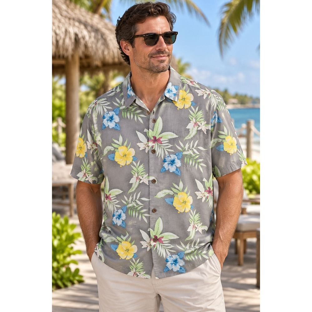 Tommy Bahama Mens L Gray Tropical Floral Hawaiian Camp Shirt Original Fit -3734